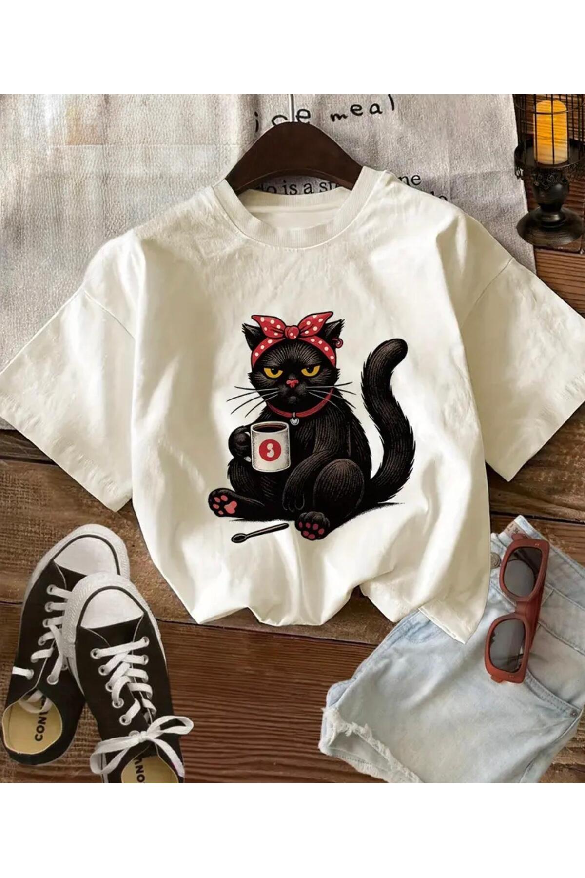 Oceanwear Women's Plain Tshirt Crew Neck Short Sleeve Cat Printed