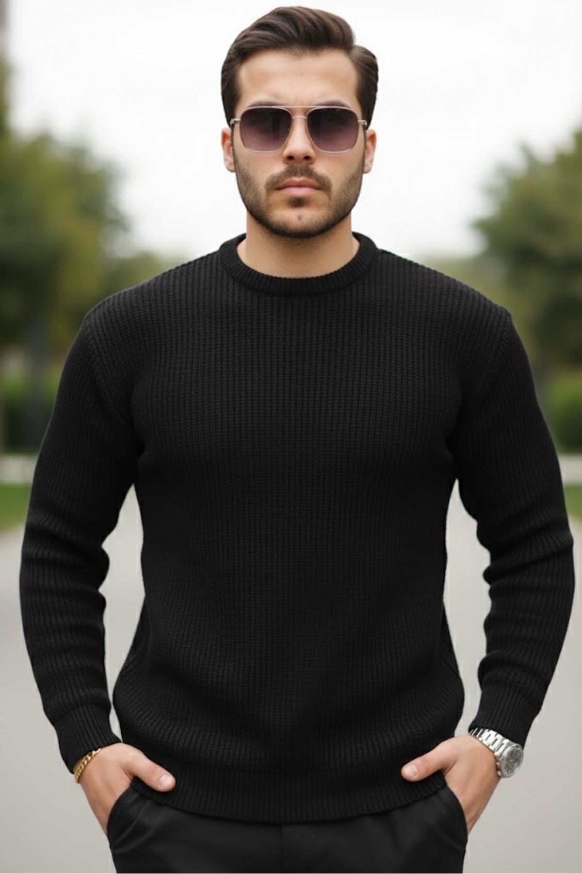 Erkek Slim Fit Bisiklet Yaka Triko Kazak — مشکی VYM-180206-MN — تصویر 8 از 8