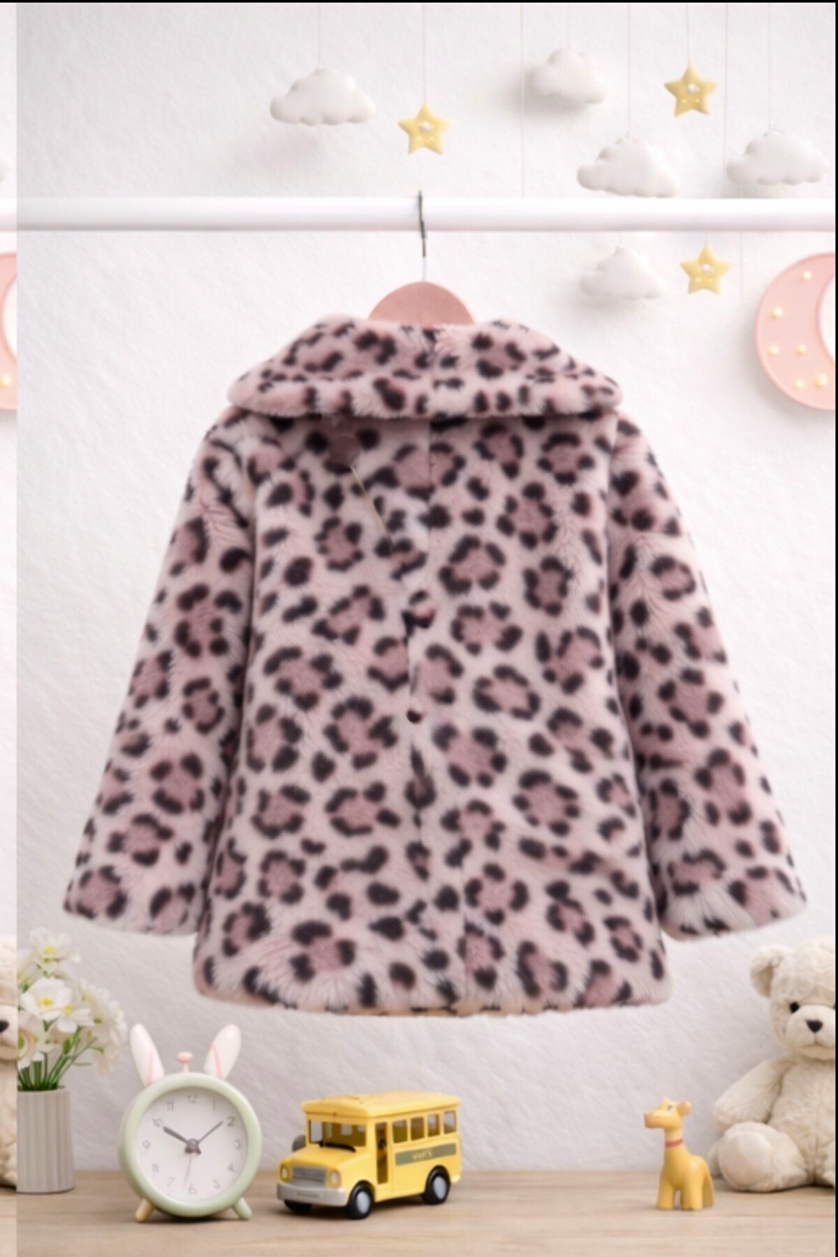 DeKuBaby Leopar Desenli - Bandanalı Peluş Kız Bebek-Çocuk Mont fotoğrafı 2 (önizleme)