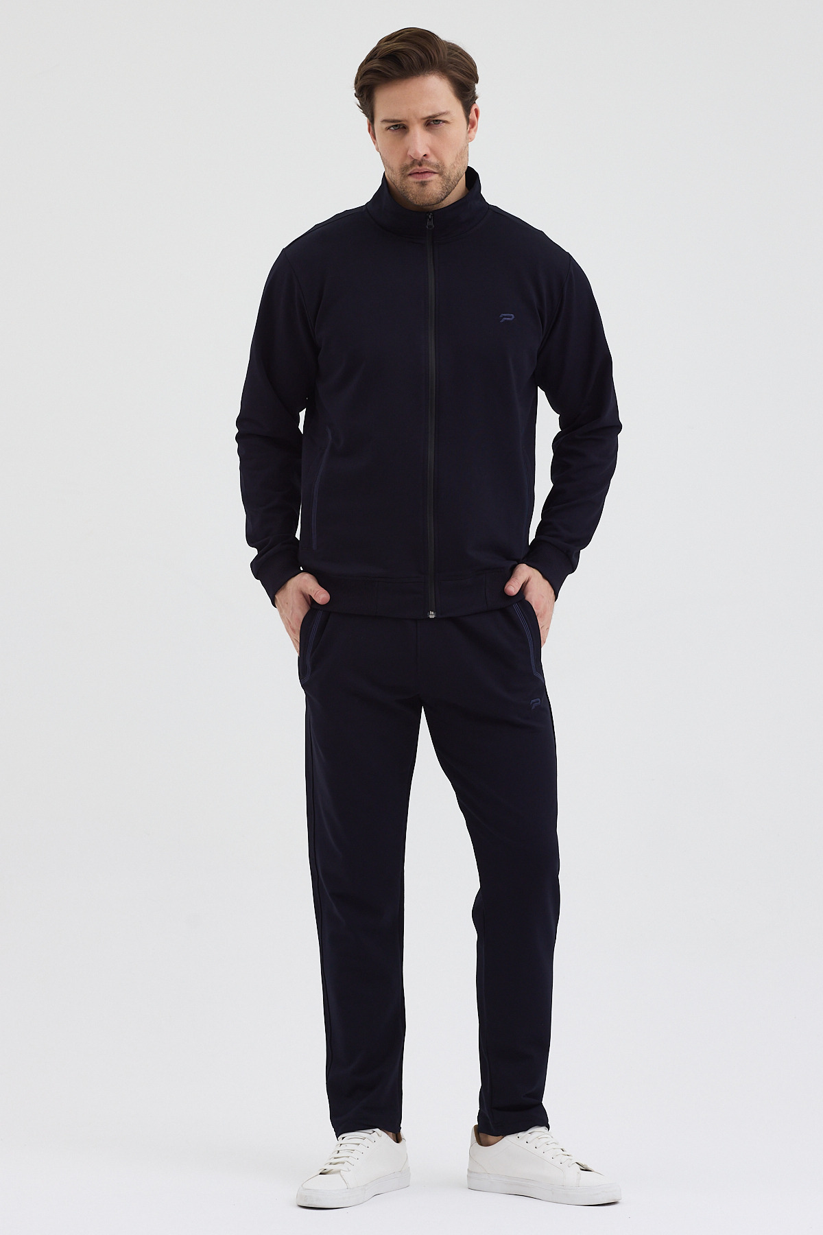 ست لباس ورزشی مردانه یقه ماندارین جمع و جور پنبه ای Comfort Fit ALLY-3041 — سرمه‌ای — تصویر 6 از 8