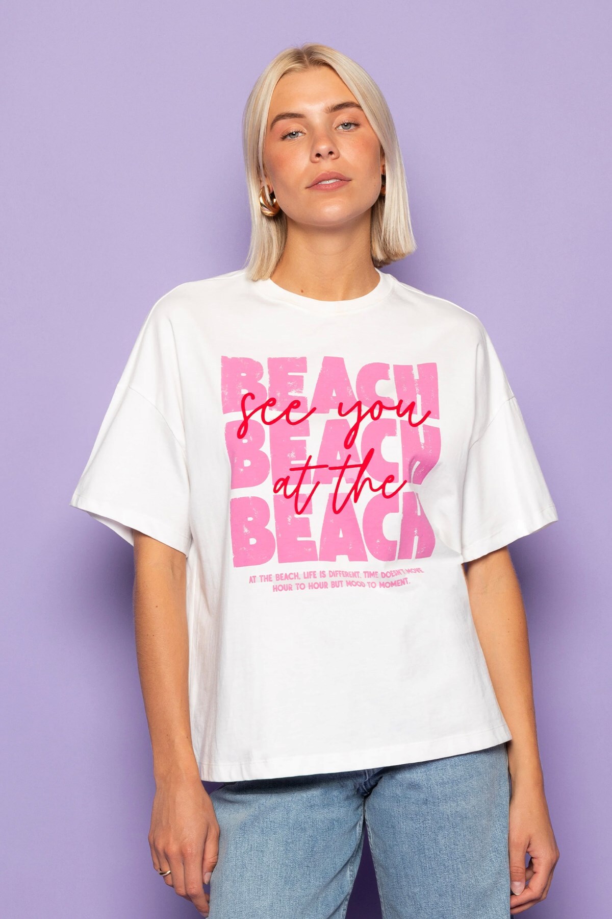 Women's Oversize T-Shirt See You Printed White – Crew Neck, 100% Cotton Compact Single Jersey 24/1