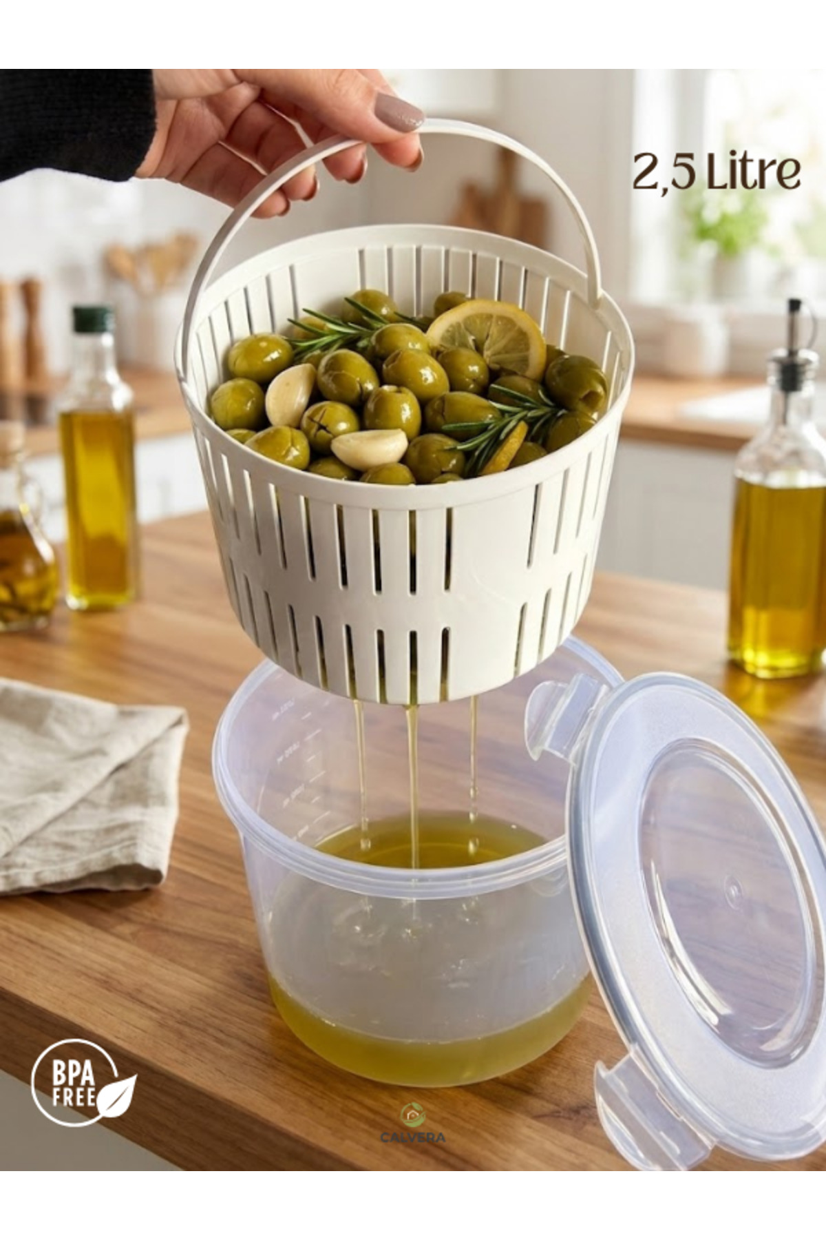 2.5 Liter Pickling Olive and Storage Container with Strainer - Fragrance Proof Locked Lid