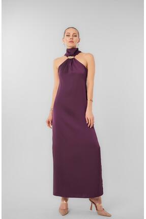 PATRONIZE CREATING YOUR STYLE Mürdüm Yırtmaçlı Astarlı Halter Yaka Uzun Elbise