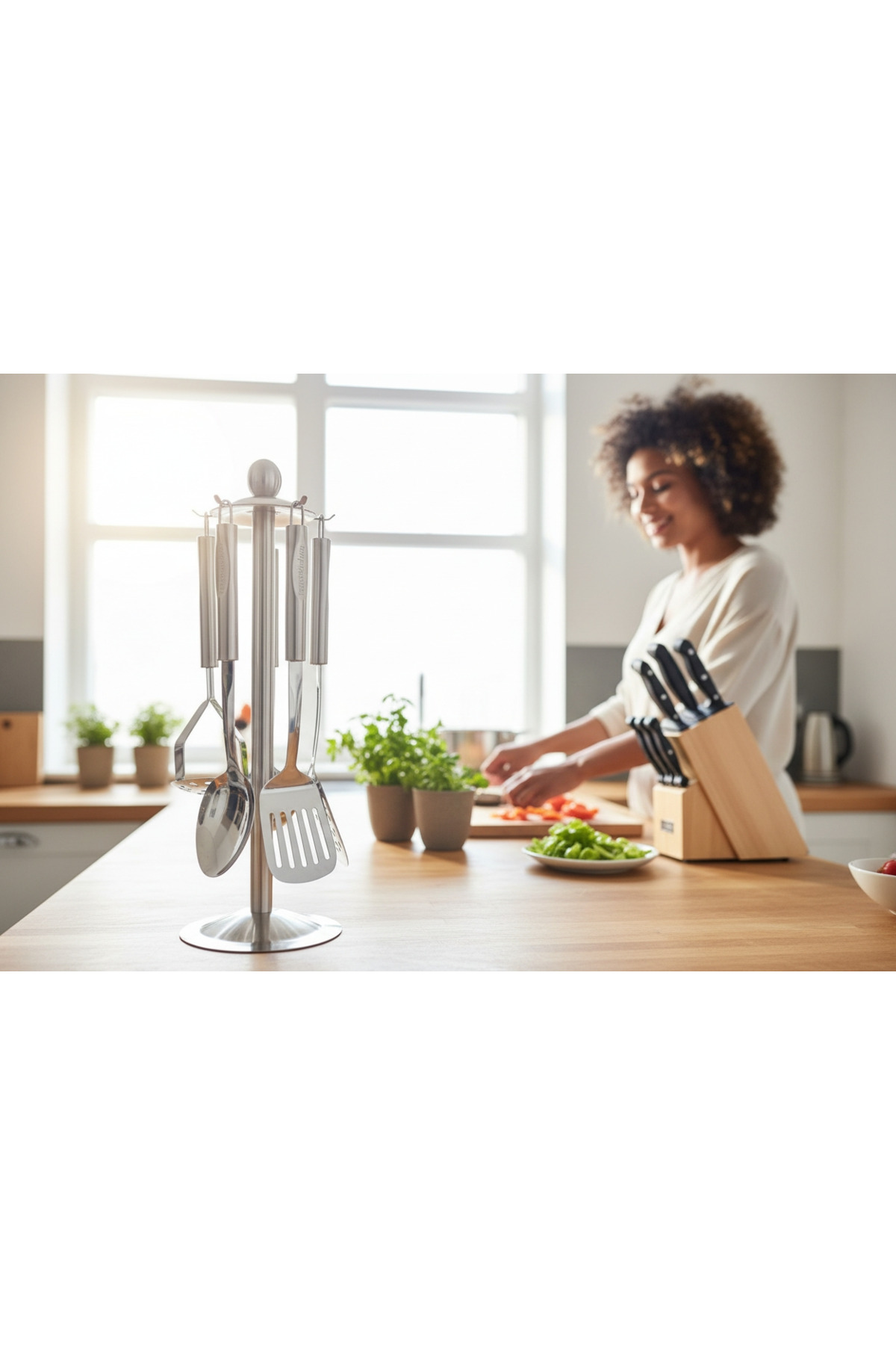 Stainless steel, stand; Ladle, colander, spatula, spoon, potato paste 6-piece serving set