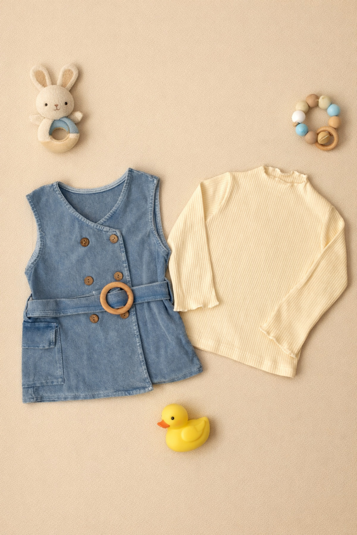 BEBEXO KIDS Kız Bebek Kruvaze Ahşap Düğme Detaylı Kemerli Kot Jile Elbise+Uzun Kollu Body 2'li Takım fotoğrafı 3 (önizleme)