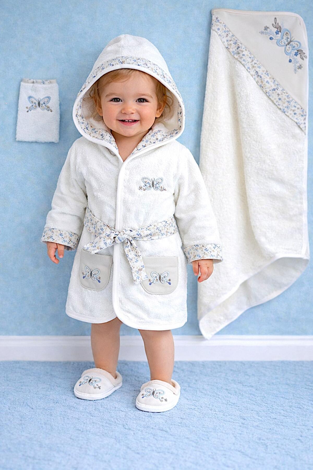 BABY GIRL BUTTERFLY EMBROIDERED BATHROBE SET 100% COTTON. 4 PIECES 0-3 YEARS OLD