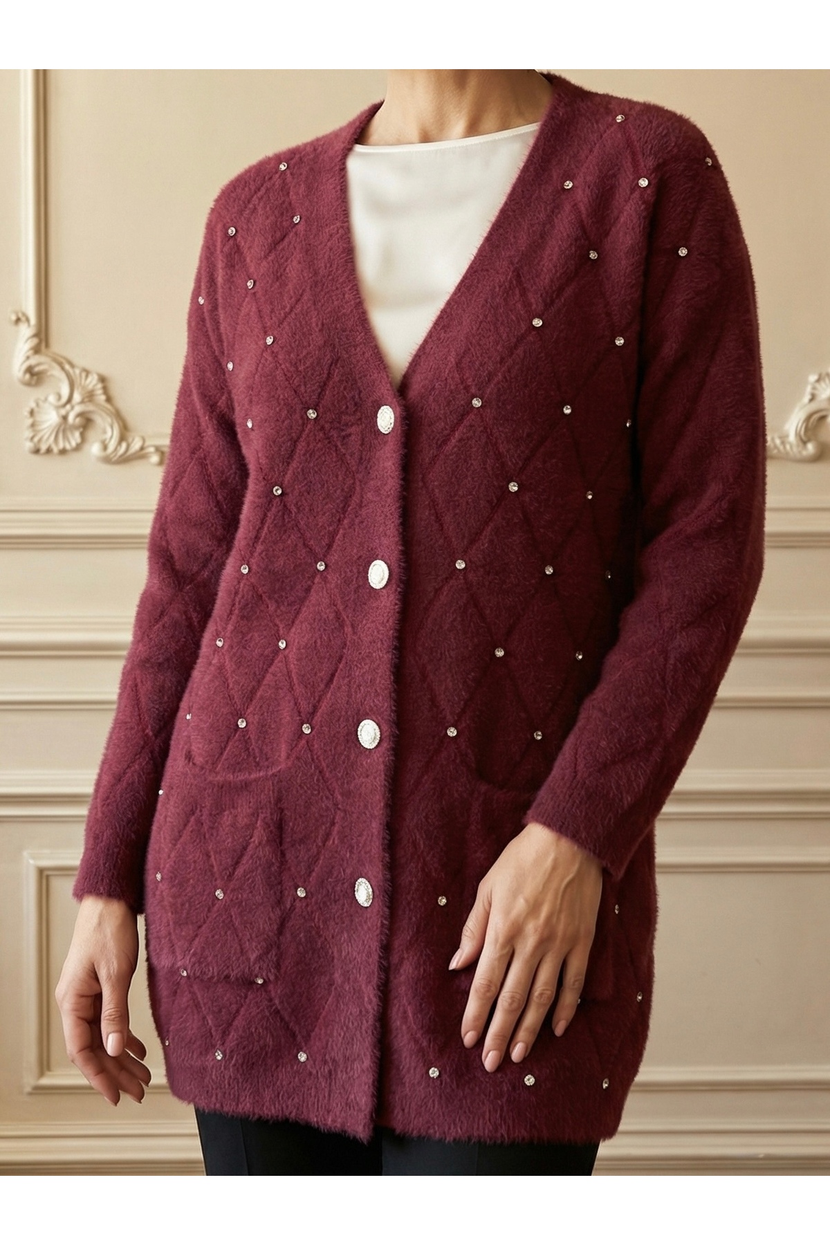 tiriTEK TRİKO  TRİKO Taşlı Yumoş Triko Hırka / Bordo - Görsel 2