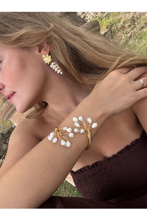 suayjewellery Altın kaplama inci detaylı çift taraflı bileklik