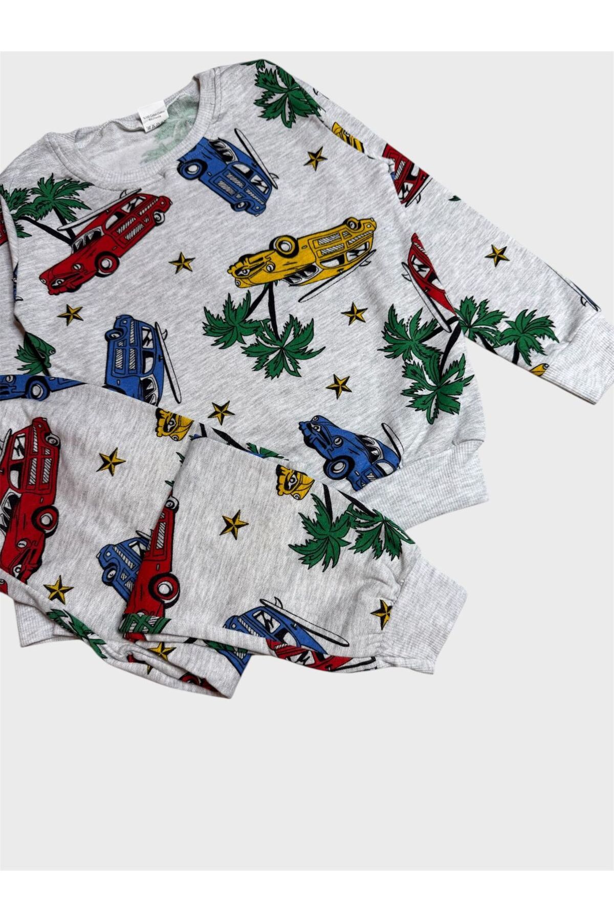 tusem butik homewear Erkek Çocuk Pamuklu Gri Şardonlu Palmiye Araba Desenli Uzun Kollu Pijama Takımı fotoğrafı 3 (önizleme)