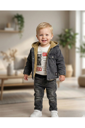 Asliva fashion Asliva Erkek Bebek 3'lü Takım - İçi Kürklü Kapüşonlu Kot Ceket...