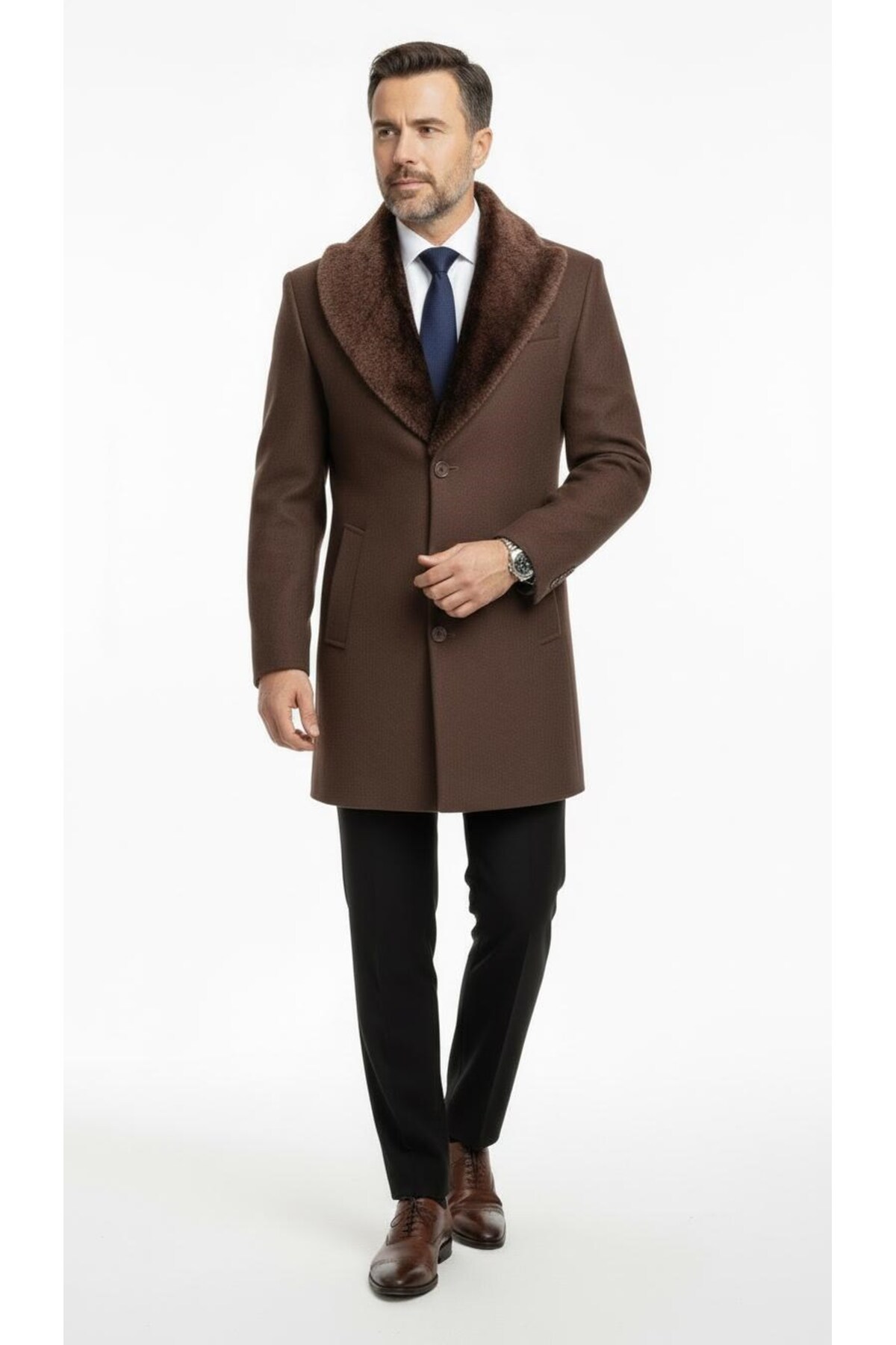 Plus Scorpion  Erkek Uzun Kaşe Kaban Palto Mont– Çıkartılabilir Kürk Yaka, Astarlı ve Cepli Slim Fit - Görsel 4