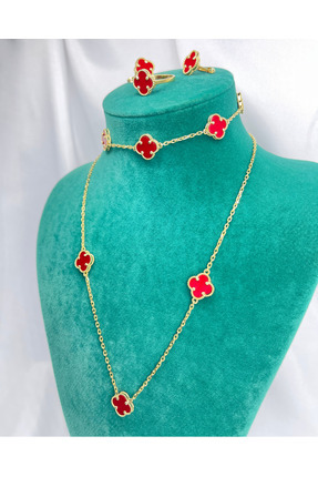 Amora Perla Jewelry 925 Ayar Gümüş Kırmızı Yonca Model Kolye & Bileklik & Küp...