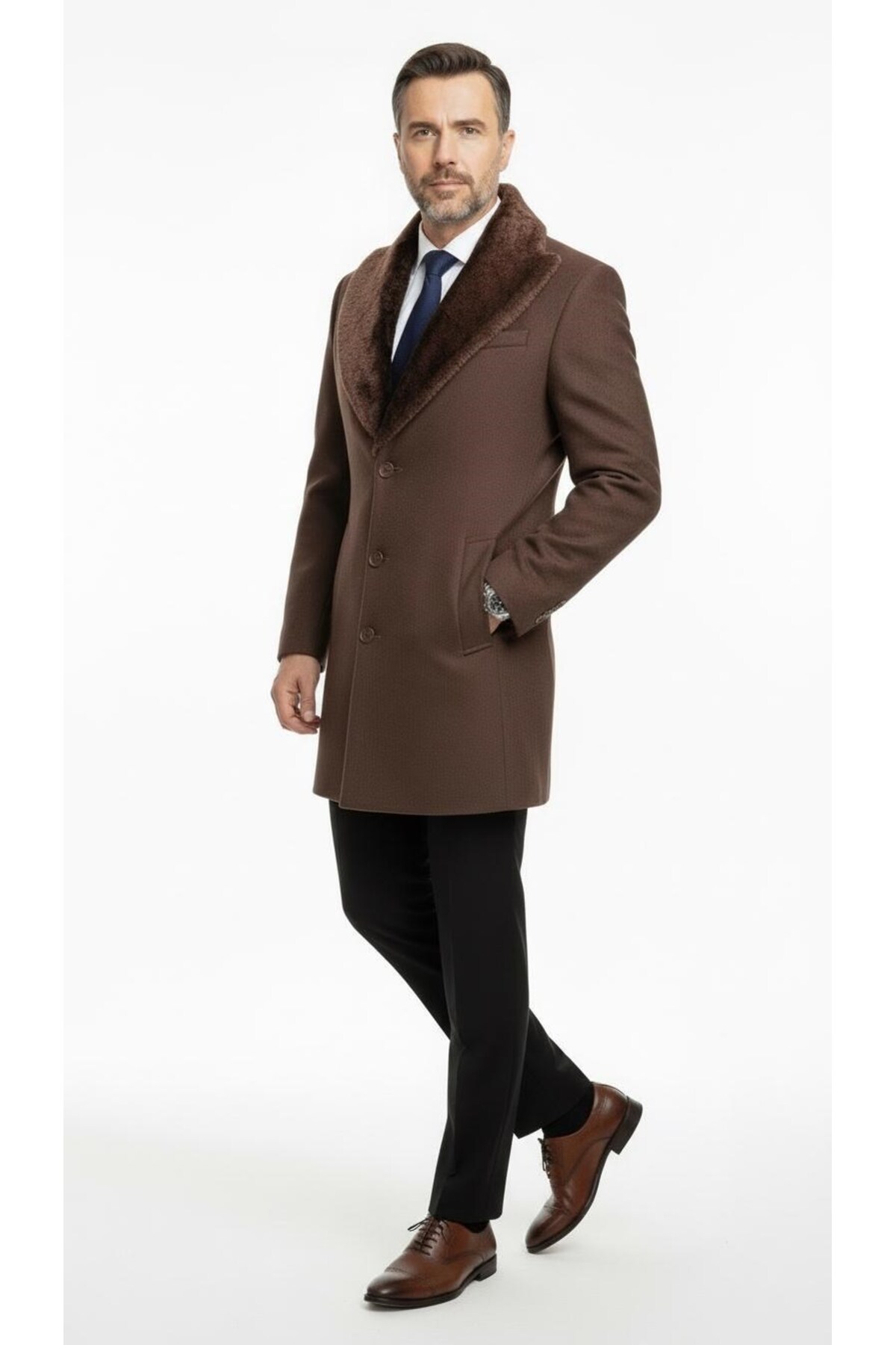 Plus Scorpion  Erkek Uzun Kaşe Kaban Palto Mont– Çıkartılabilir Kürk Yaka, Astarlı ve Cepli Slim Fit - Görsel 3