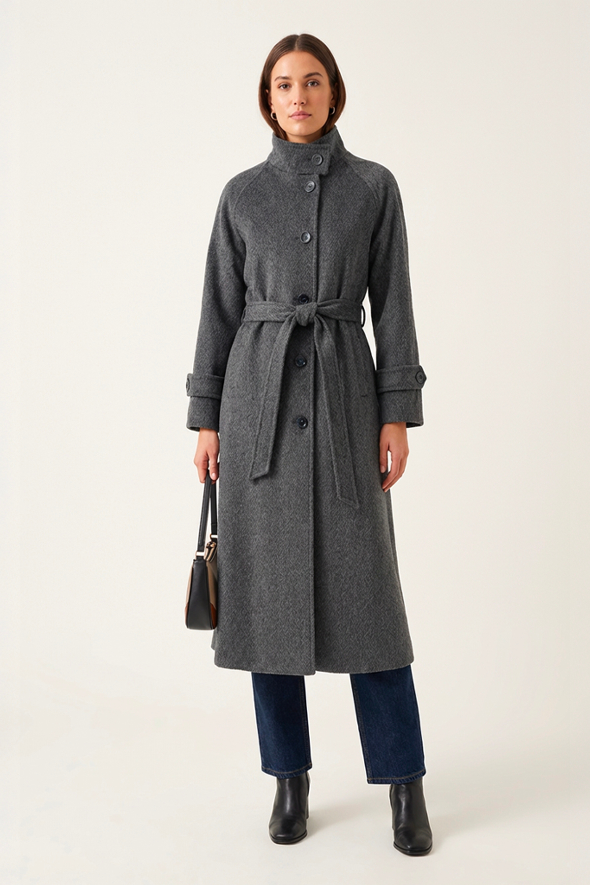 Anthracite Dominant Collar Alpaca Inlaid Raglan Sleeve Belted 128 cm Long Coat 2400
