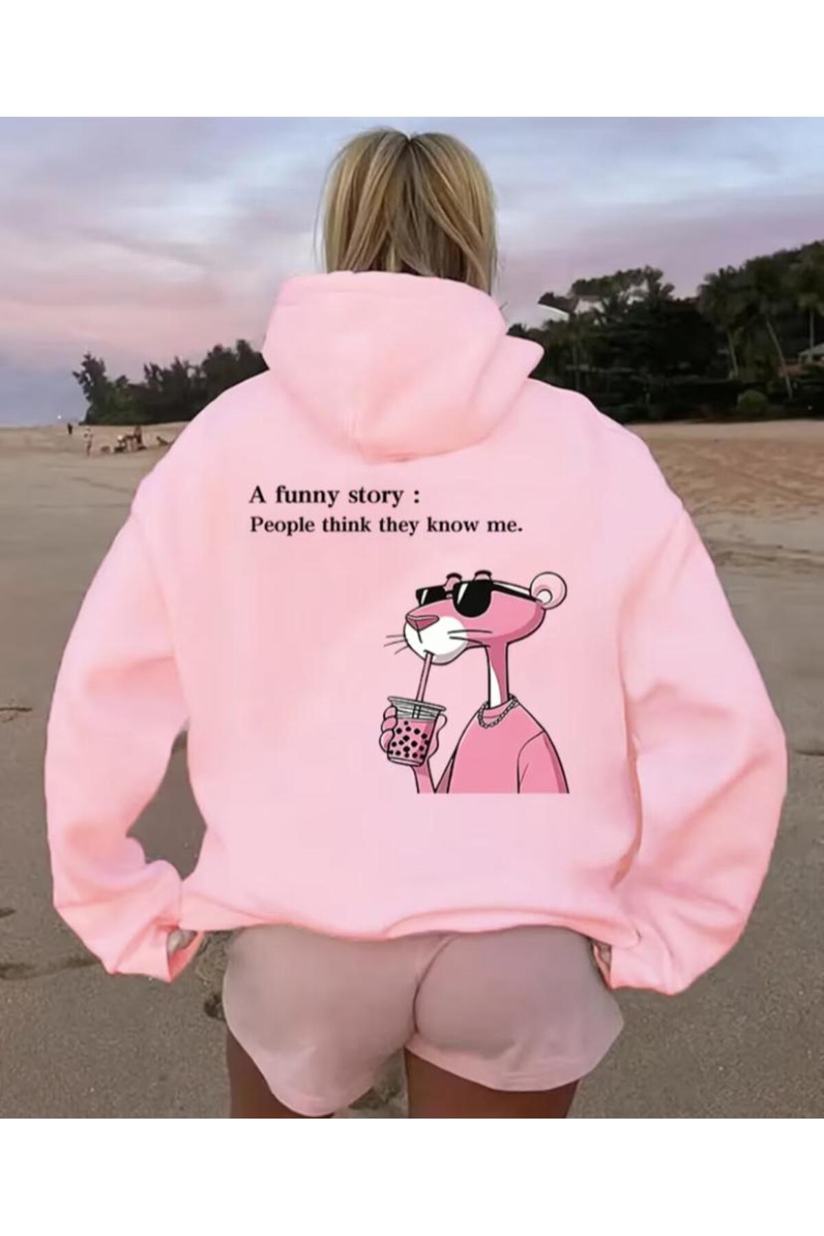 Unisex Kadın/Erkek FUNNY Renkli Özel Baskılı Pamuklu Oversize Kapüşonlu Sweatshirt — صورتی FUNNY-KAPÜŞONLU-REVASSER-