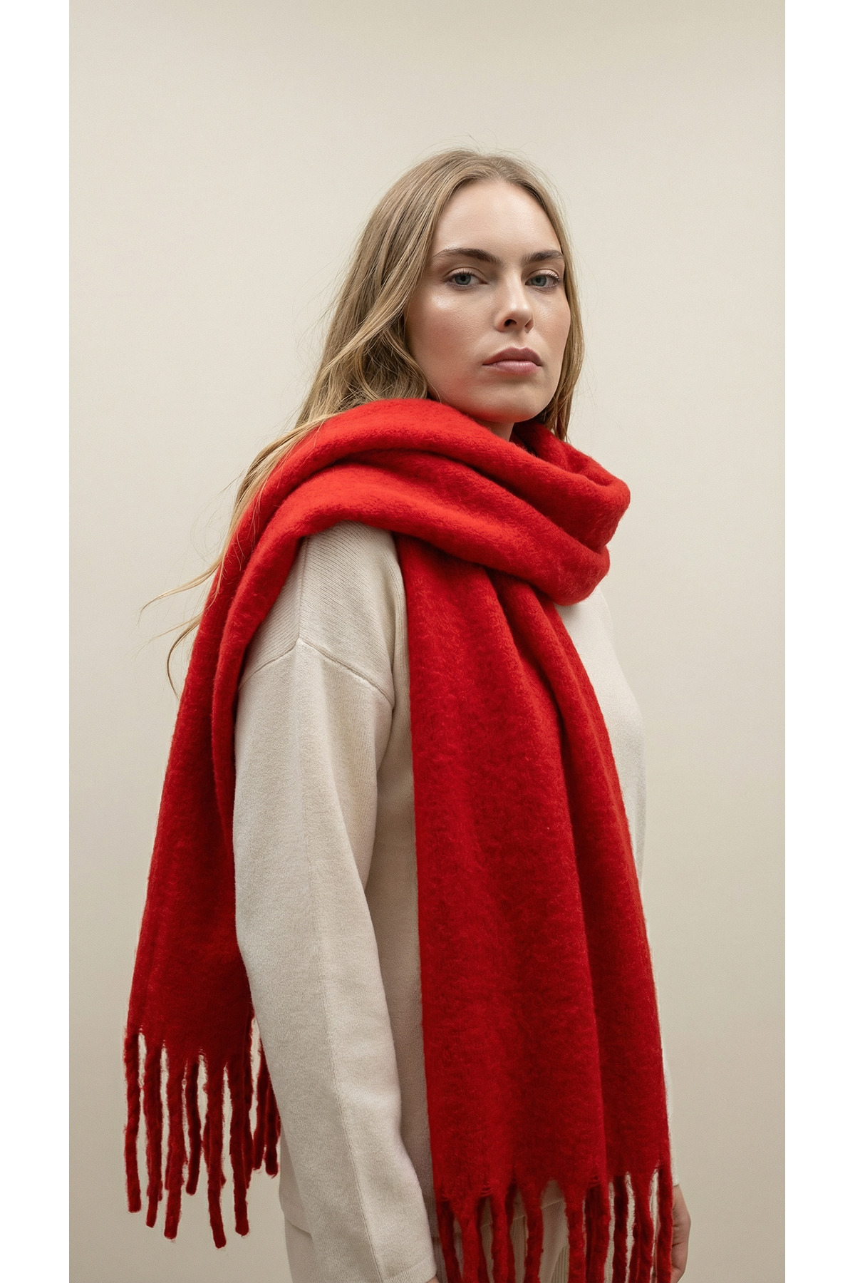 Shophia İthal Puffy Oversize Kadın Atkı Şal - Kırmızı
