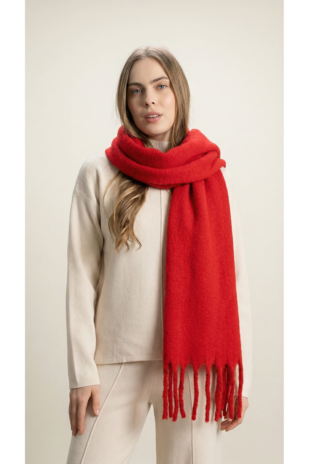 Shophia İthal Puffy Oversize Kadın Atkı Şal - Kırmızı görsel 2