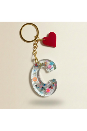 RS Gift Store C Harf Simli Epoksi Anahtarlık Kalp Figürlü