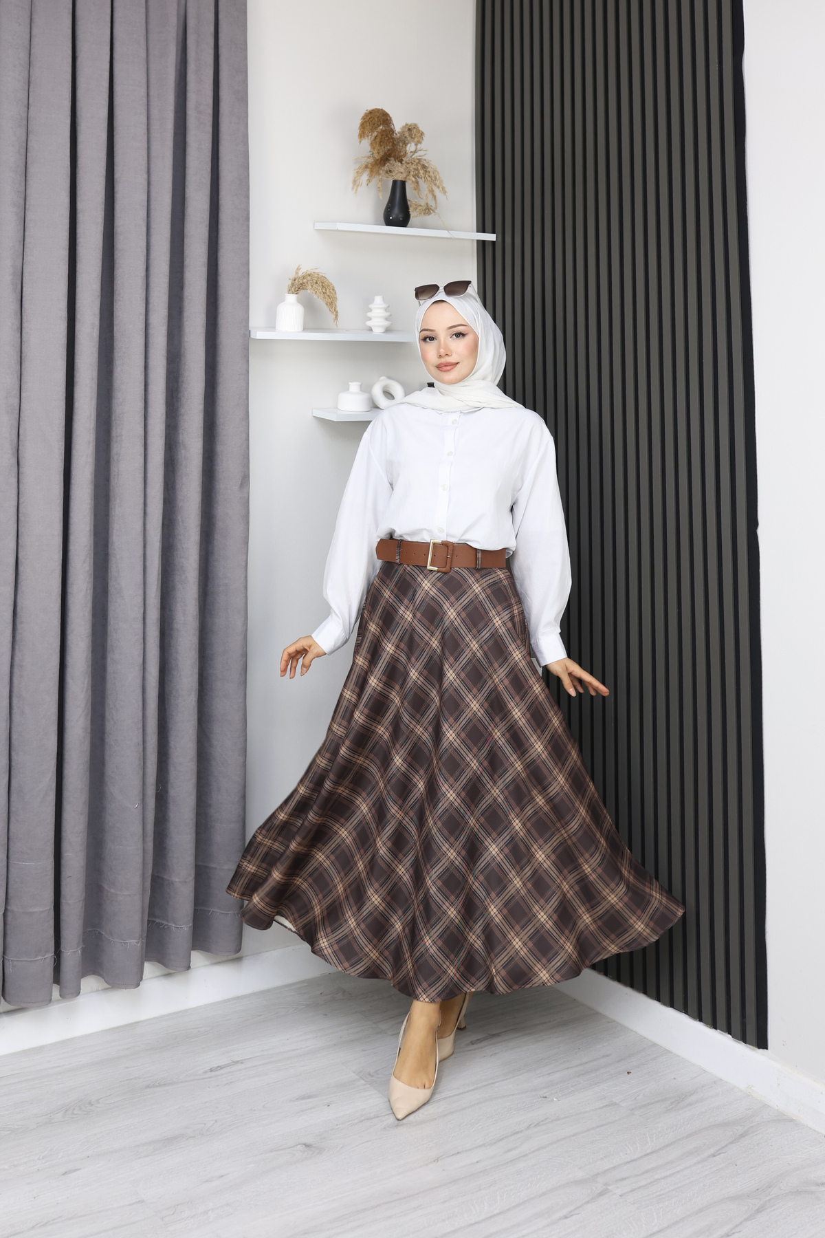 Grosh Fashion  Ekose Desenli Uzun Etek – Kemer Detaylı - Görsel 3