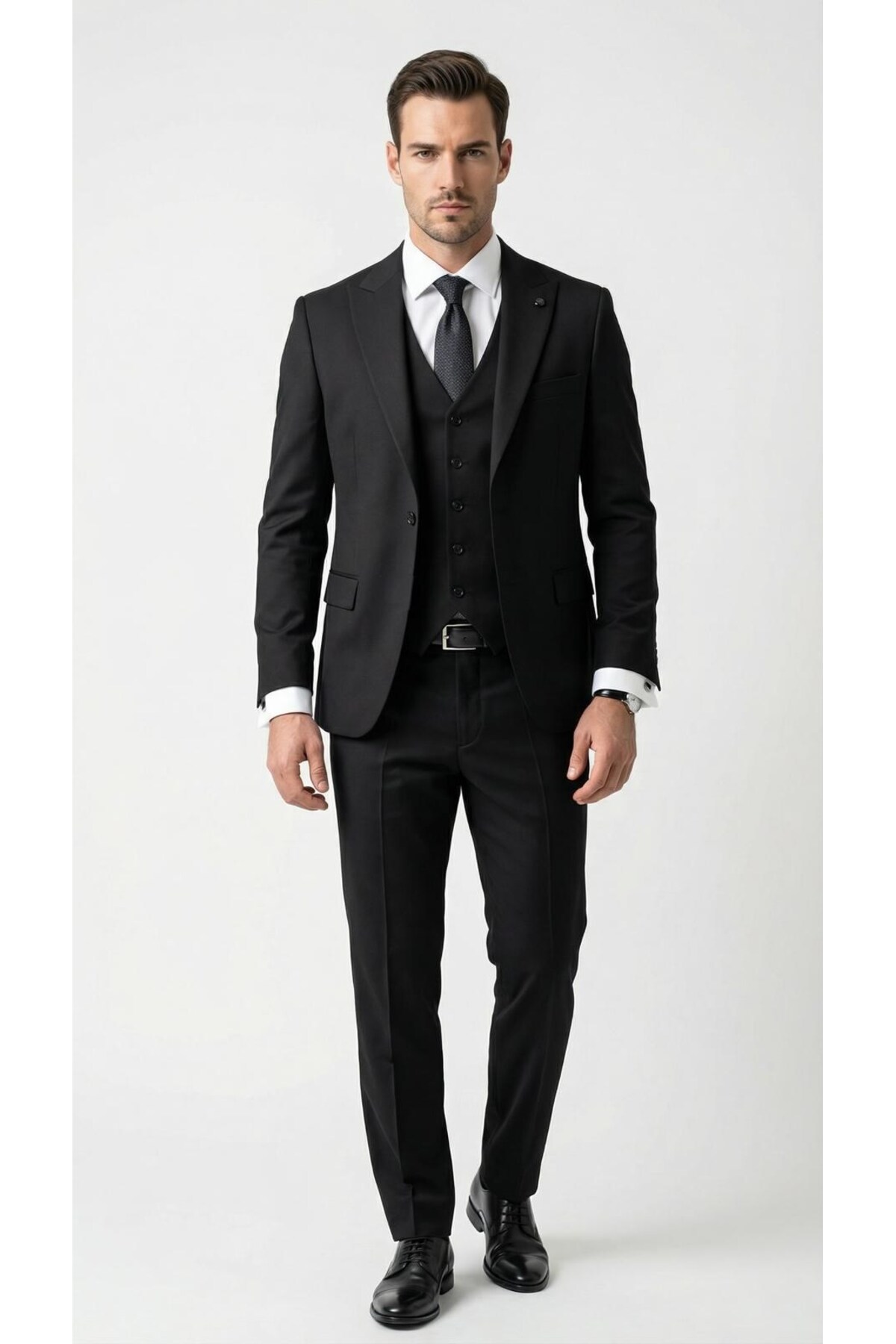 Erkek Slim Fit Takım Elbise – Düz Dokulu Kırışmaya Dayanıklı Likralı Polyviskon Kumaş, Sivri Yaka, T — مشکی PRA-13503274-405432