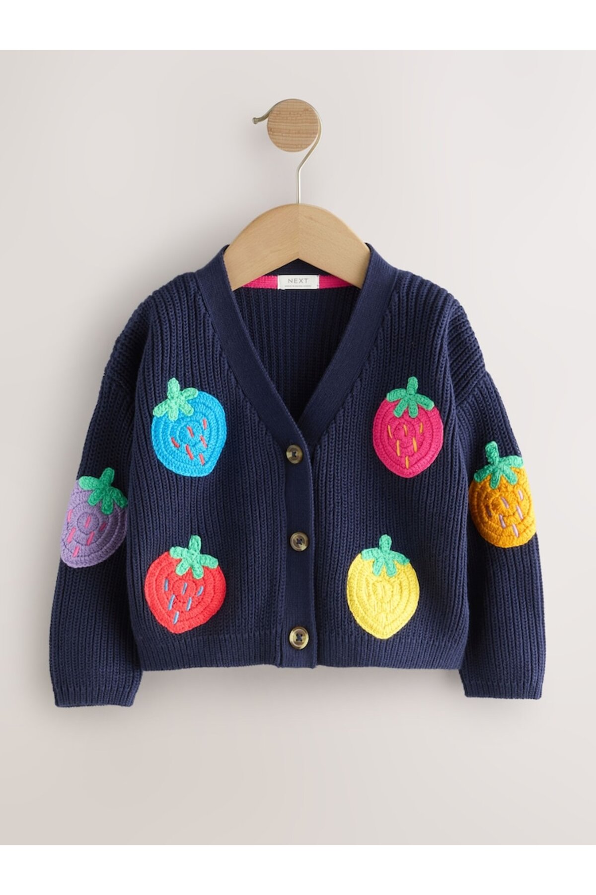 Next Baby 100% Cotton Navy Blue Strawberry Pattern V-Neck Cardigan fotoğrafı 3 (önizleme)