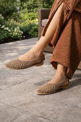 RynModa Kadın Dantel Detaylı Arkası Açık Rahat Örgü Nakışlı Hasır Babet