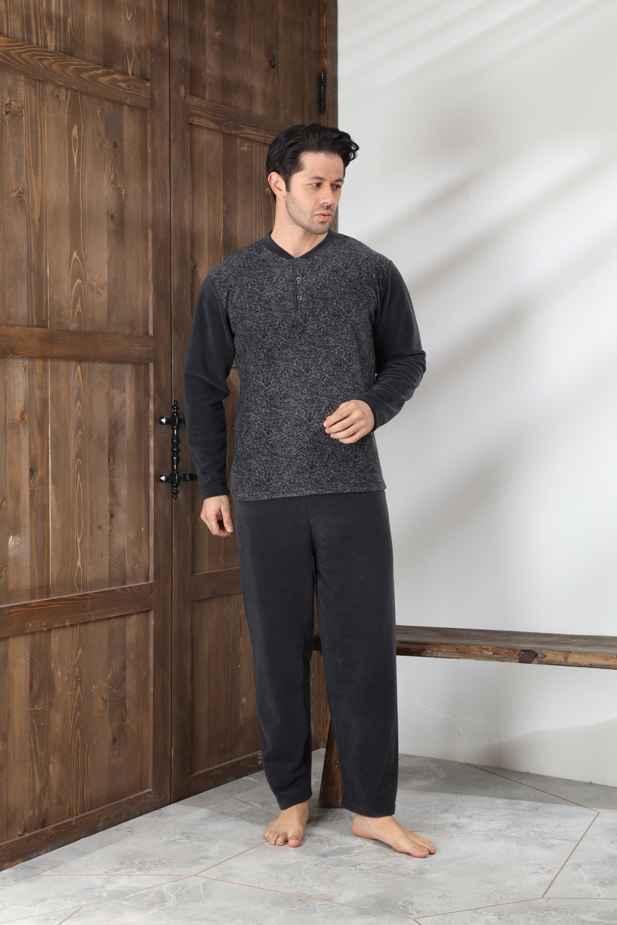 Elit Erkek Yaka Düğmeli Uzun Kollu Kışlık Welsoft Polar Pijama Takımı
