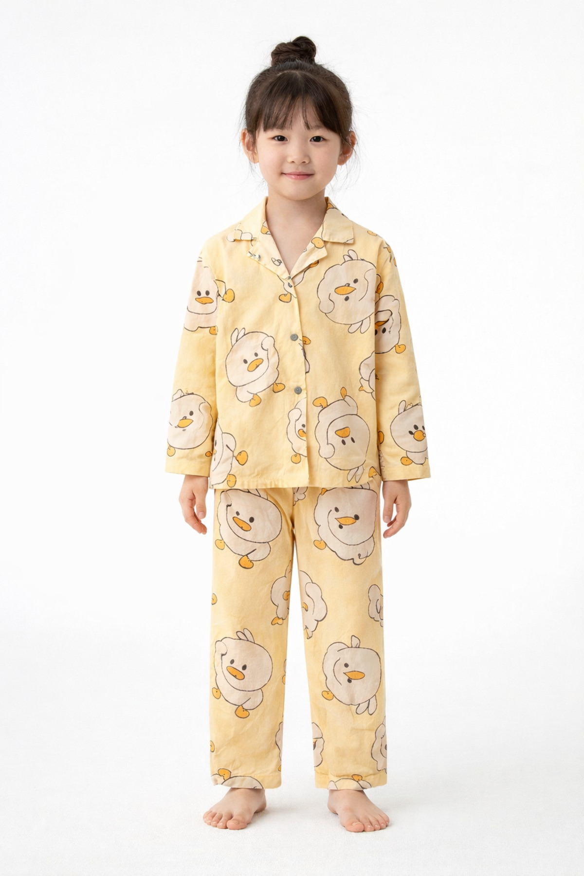 Patterned Long Sleeve Front Buttoned Shirt Collar Girl Pajamas Set