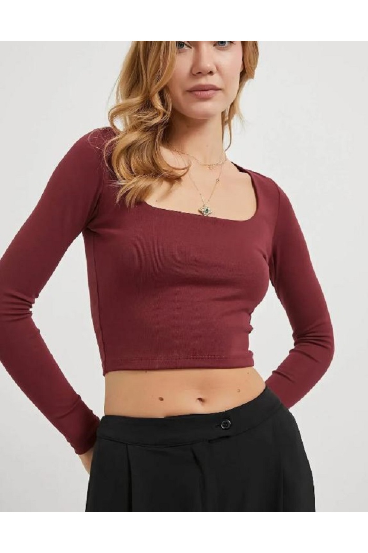 MİLYA&GYM Kadın 4'lü Paket Kaşkorke Fitilli Pamuklu Kare Yaka Uzun Kollu Vücuda Yapışan Crop Bluz görsel 3