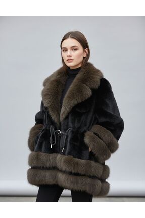 Rabiossa Kadın Premium Beli Büzgülü Tasarım Kürk kaban