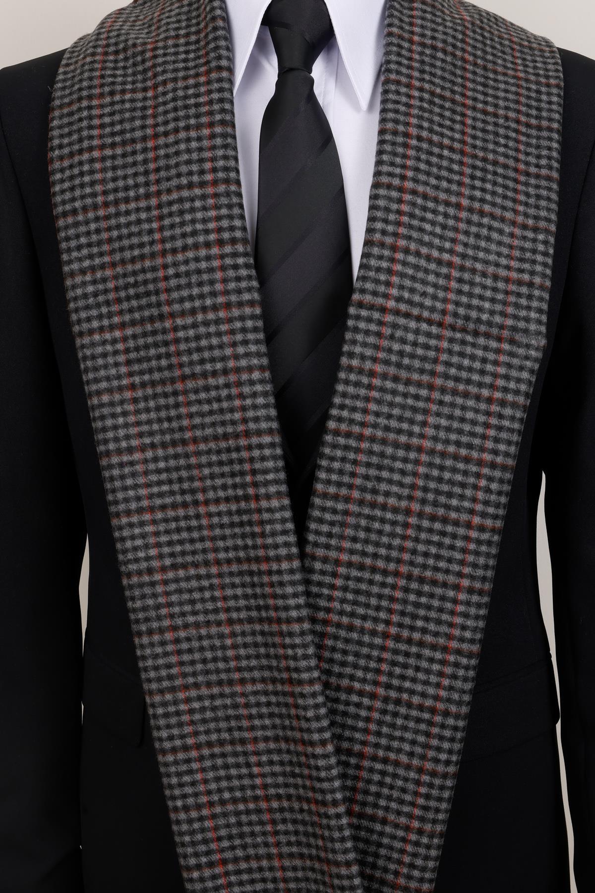  شال پشمی مشکی خاکستری طرح چهارخانه - شال مردانه کلاسیک با بافت نرم