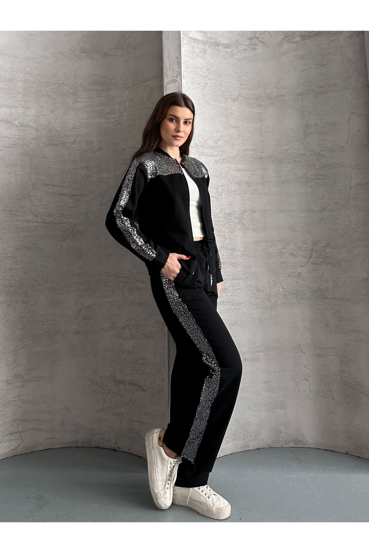 eyyebelle Дамски комплект с дълги ръкави, цип и пайети