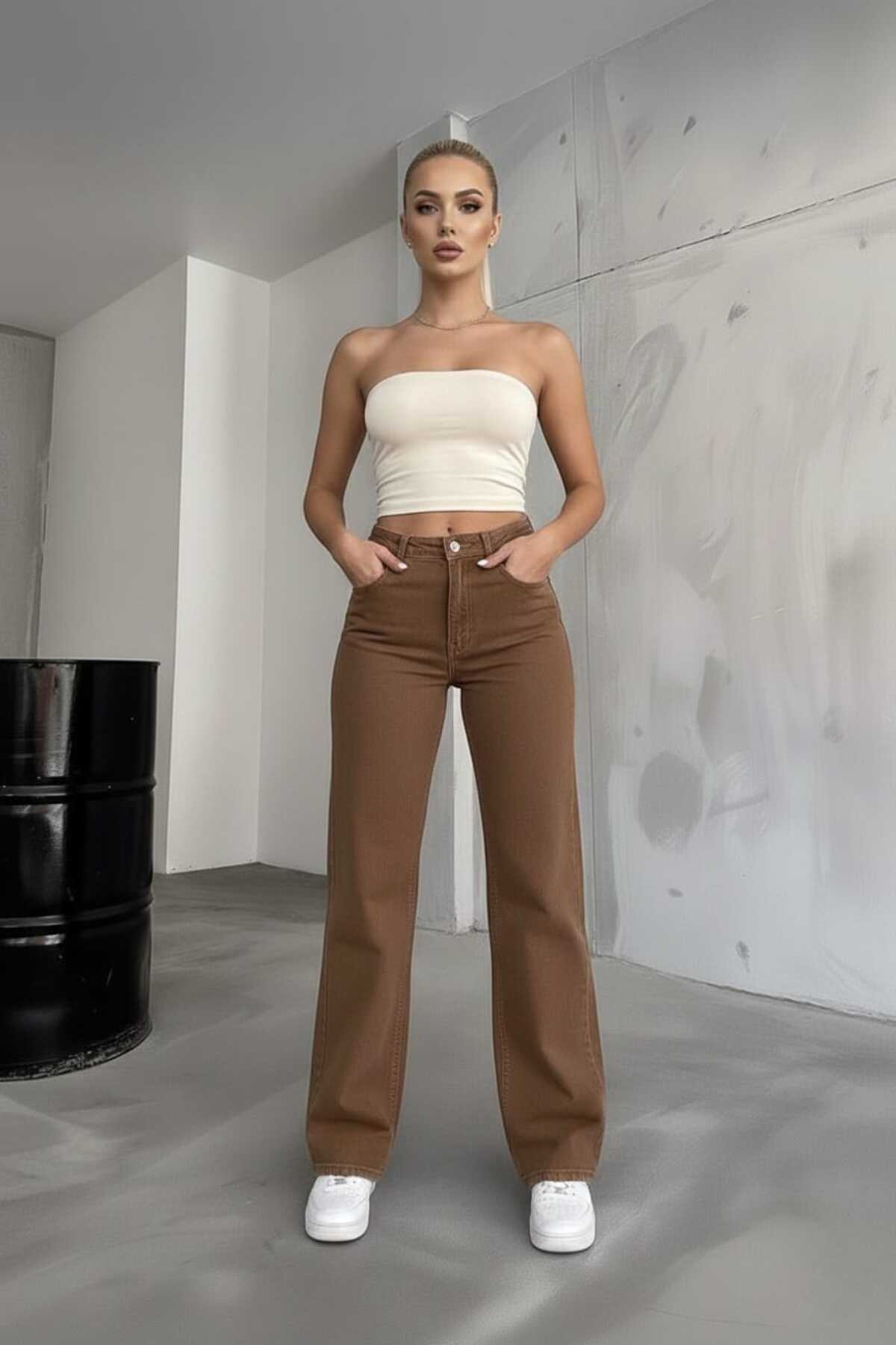 NWC  Kadın Açık Kahverengi Likralı Süper Yüksek Bel Salaş Paça Denim Palazzo Pantolon - Görsel 4