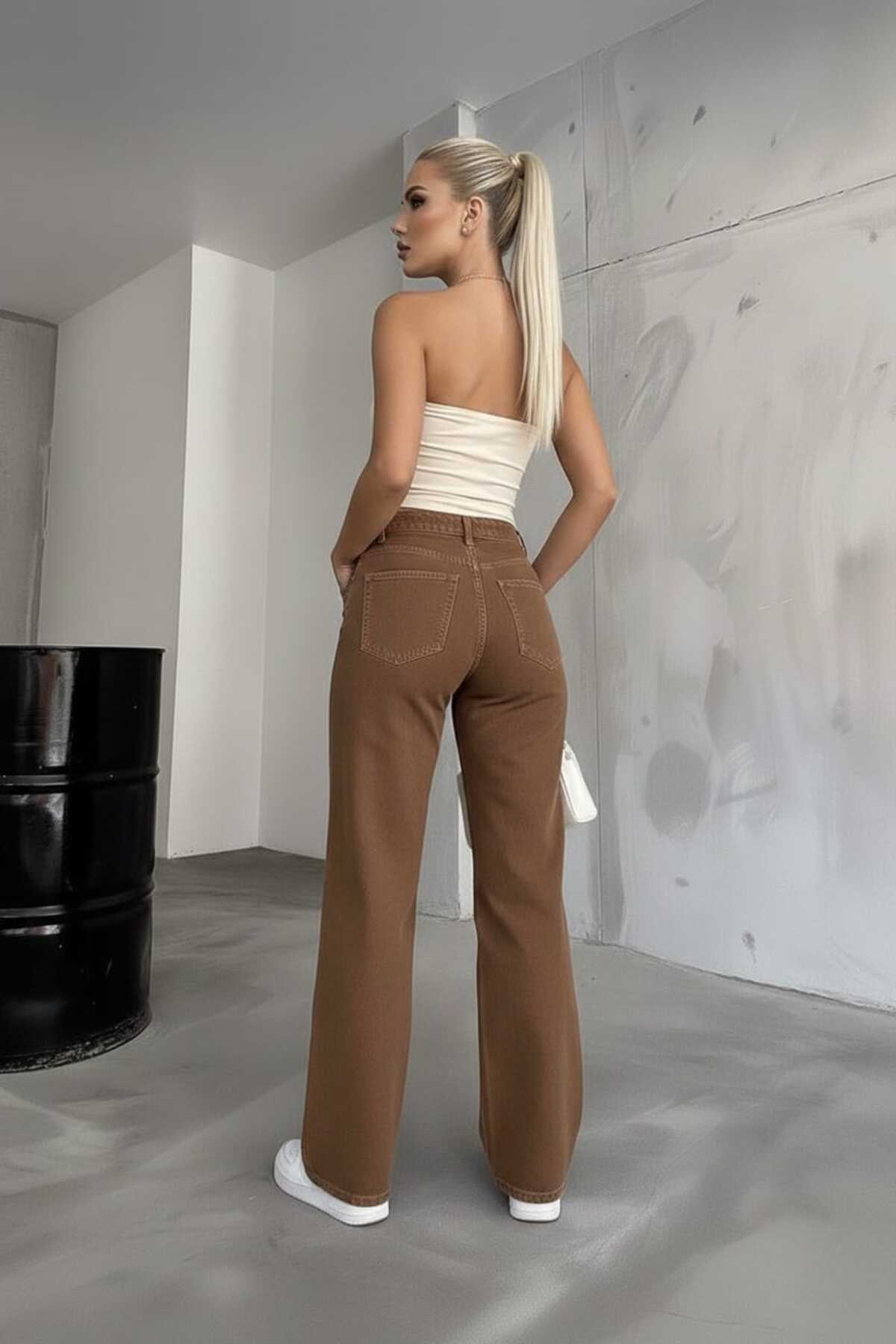 NWC  Kadın Açık Kahverengi Likralı Süper Yüksek Bel Salaş Paça Denim Palazzo Pantolon - Görsel 7