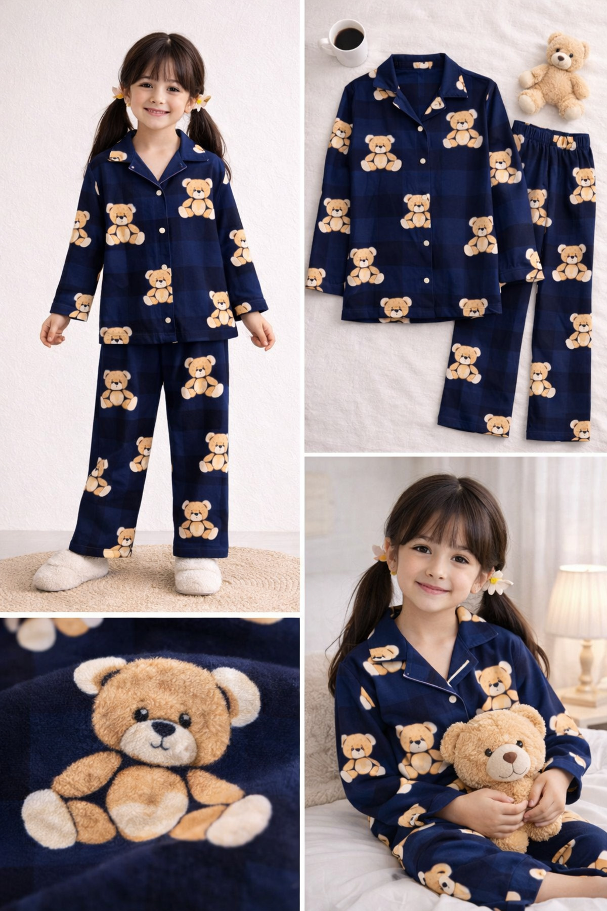Beka Kids Lacivert Desenli Uzun Kollu Önden Düğmeli Gömlek Yaka Kız Çocuk Pijama Takımı fotoğrafı 5 (önizleme)