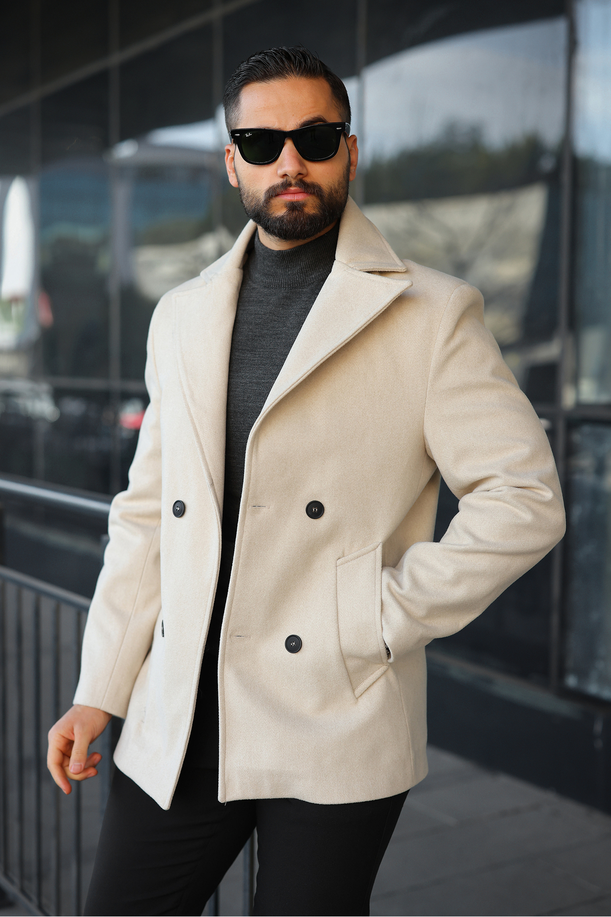 Premium Kruvaze Orta Boy Kaşe Kaban — کرم KruvazeKaşeKaban — تصویر 2 از 3