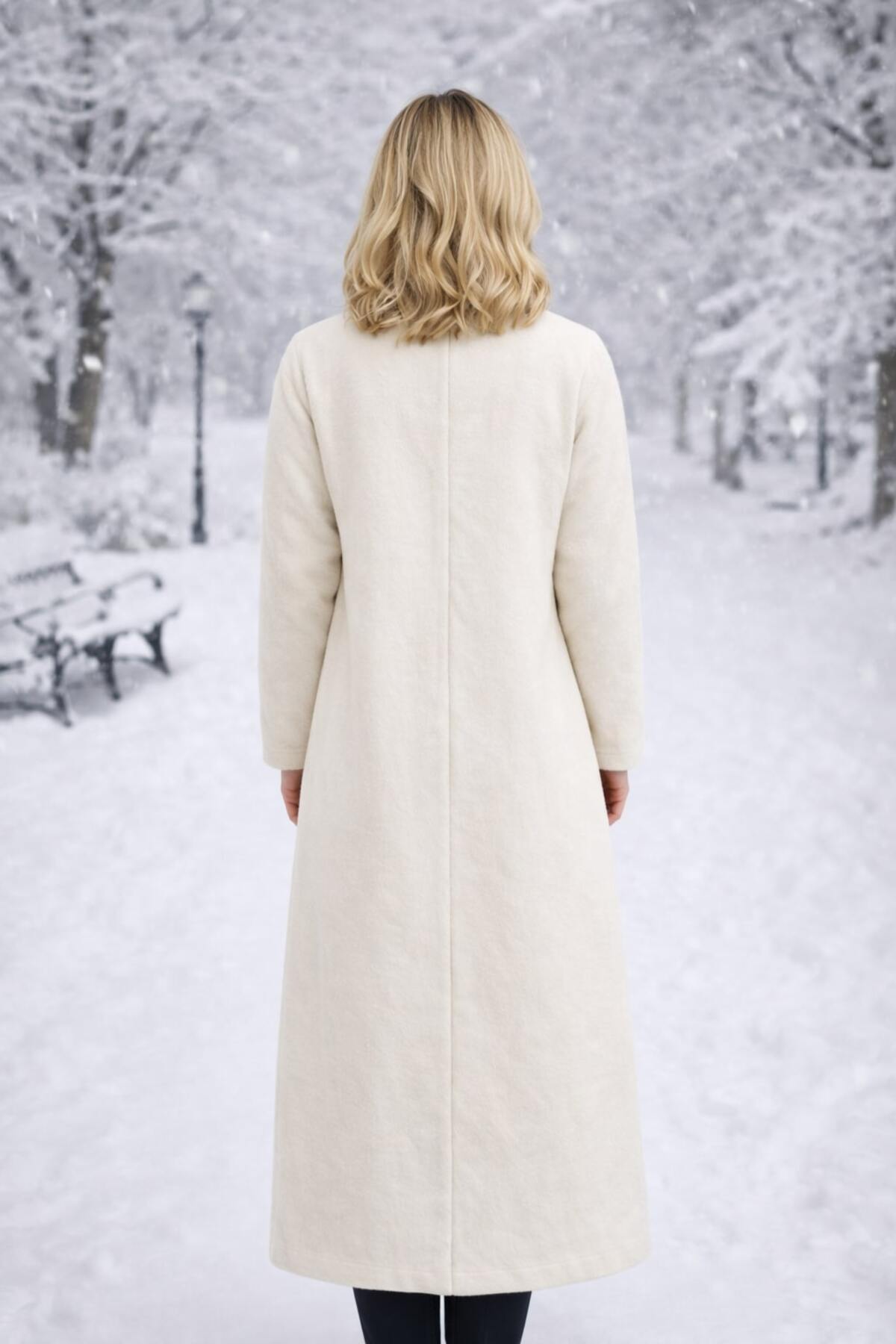 Timburly  Krem Kapüşonlu Astarlı ÇıtÇıt Kapamalı Yumuşak Dokulu Oversize Uzun Kaşe Kaban - Görsel 6