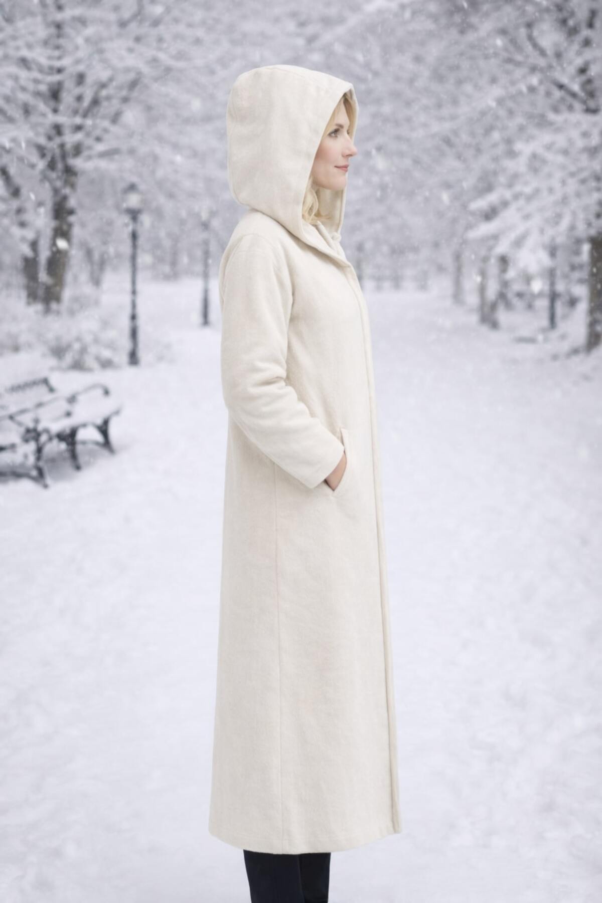 Timburly  Krem Kapüşonlu Astarlı ÇıtÇıt Kapamalı Yumuşak Dokulu Oversize Uzun Kaşe Kaban - Görsel 4