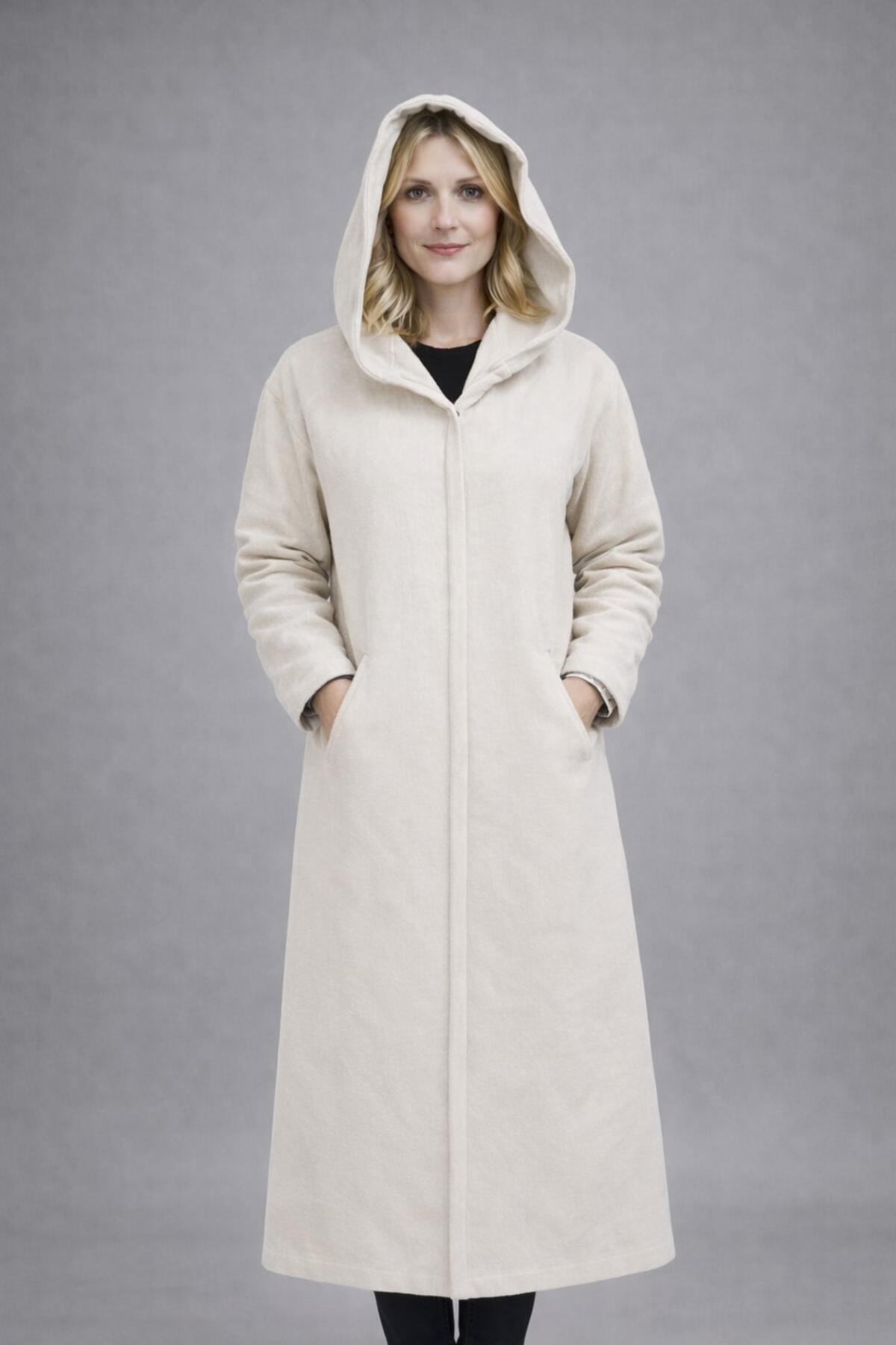 Timburly  Krem Kapüşonlu Astarlı ÇıtÇıt Kapamalı Yumuşak Dokulu Oversize Uzun Kaşe Kaban - Görsel 3