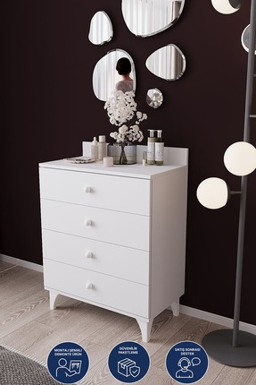 DEKORFİM DF11101 4 Çekmeceli Şifonyer – Geniş Depolama Alanlı, Modern Beyaz Ç...