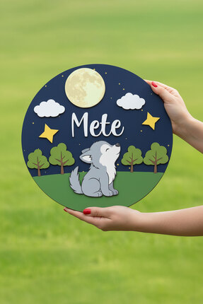 Agulab Kurt Figürlü Kabartmalı İsimli Işıklı Bebek Kapı Süsü- Hastane Odası K...