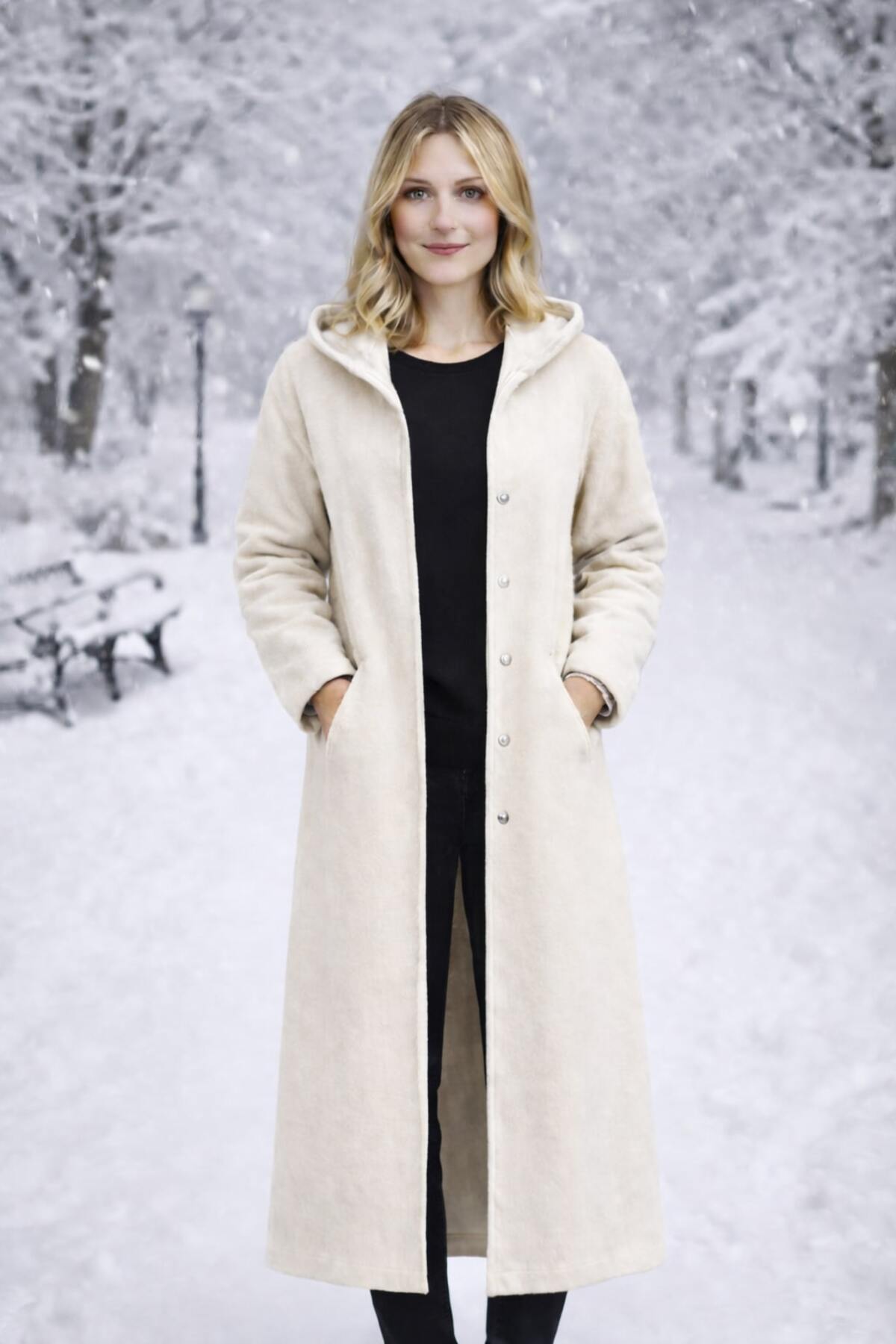 Timburly  Krem Kapüşonlu Astarlı ÇıtÇıt Kapamalı Yumuşak Dokulu Oversize Uzun Kaşe Kaban - Görsel 7