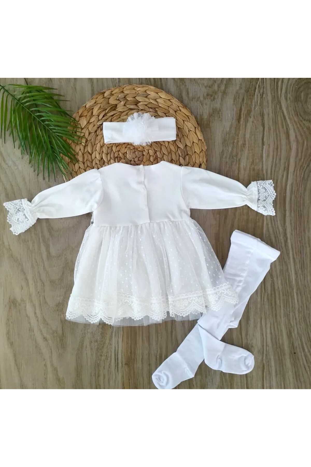 bebe kervanı Kız Bebek %100 Pamuk Ekru Fransız Güpürlü İthal Dantelli Mevlüt Elbisesi Özel Gün Takımı BBK1318 fotoğrafı 2 (önizleme)