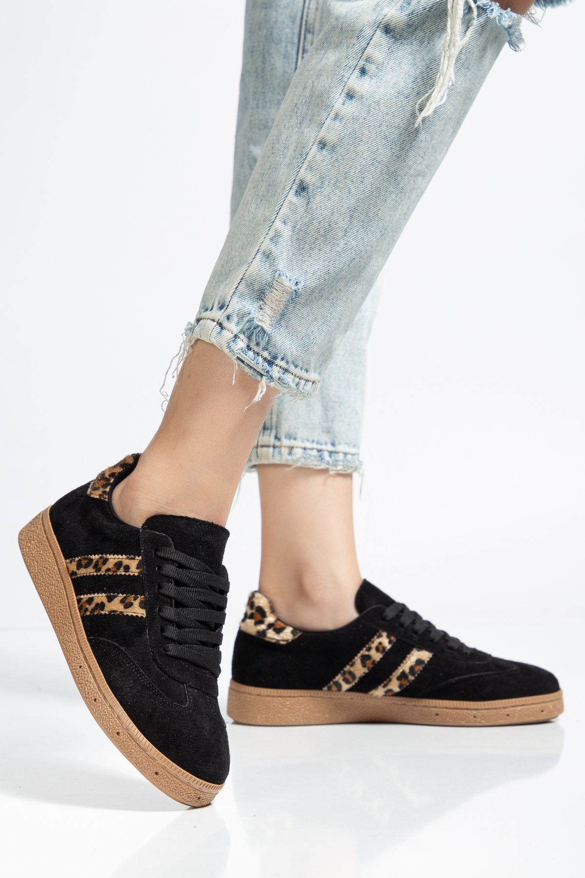 BAHRİNA  Kadın Siyah Süet Leopar Günlük Sneaker