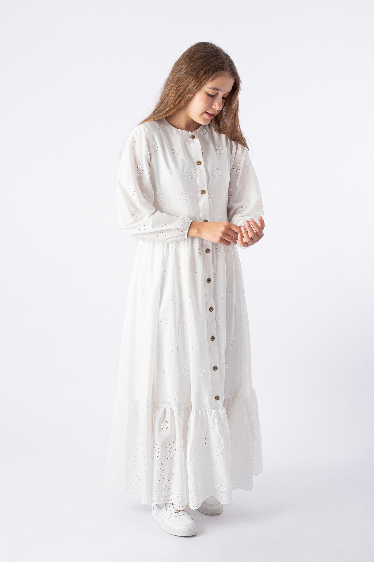 Brode Kumaş Önden Düğme Detaylı Gömlek Elbise 7-14 Yaş