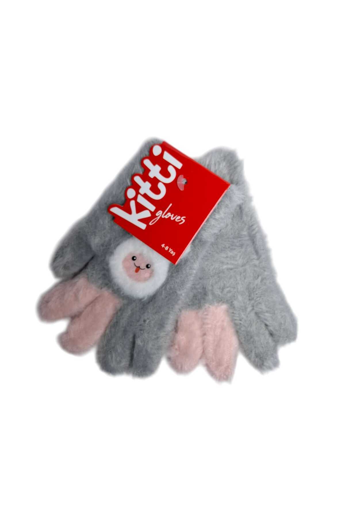 Kitti Spteks 4-8 Yaş Kız Çocuk Gri Renk Sevimli Tavşan Figürlü Kışlık Örme Eldiven fotoğrafı 4 (önizleme)
