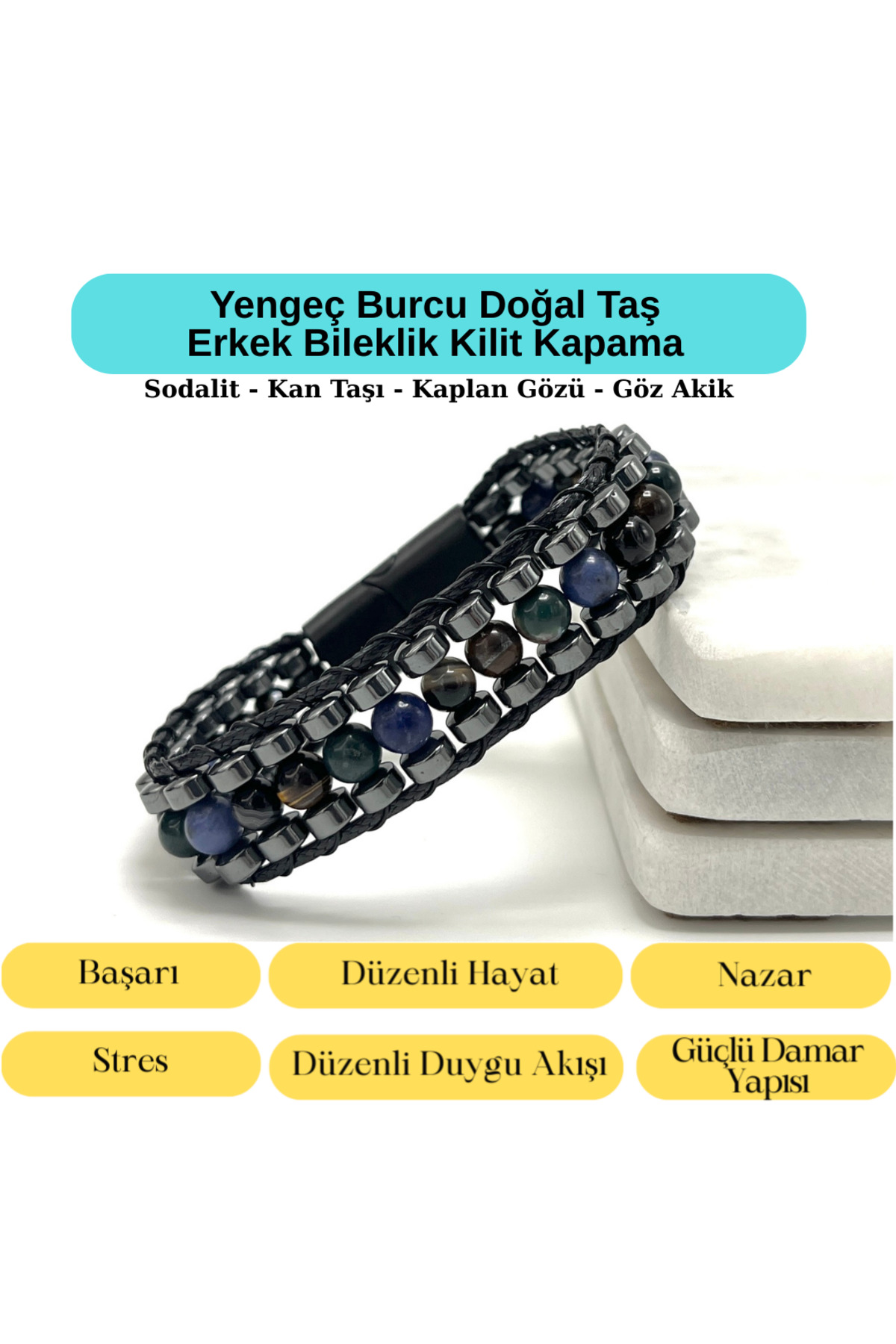 CERTIFIED Cancer Sign Disc Model Natural Stone Men's Bracelet Magnet Lock