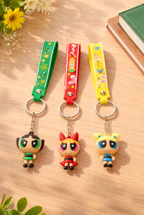 AXSENTRA Silikon 3'lü Powerpuff Girls Karakter Anahtarlık ve Çanta Süsü (Butt...