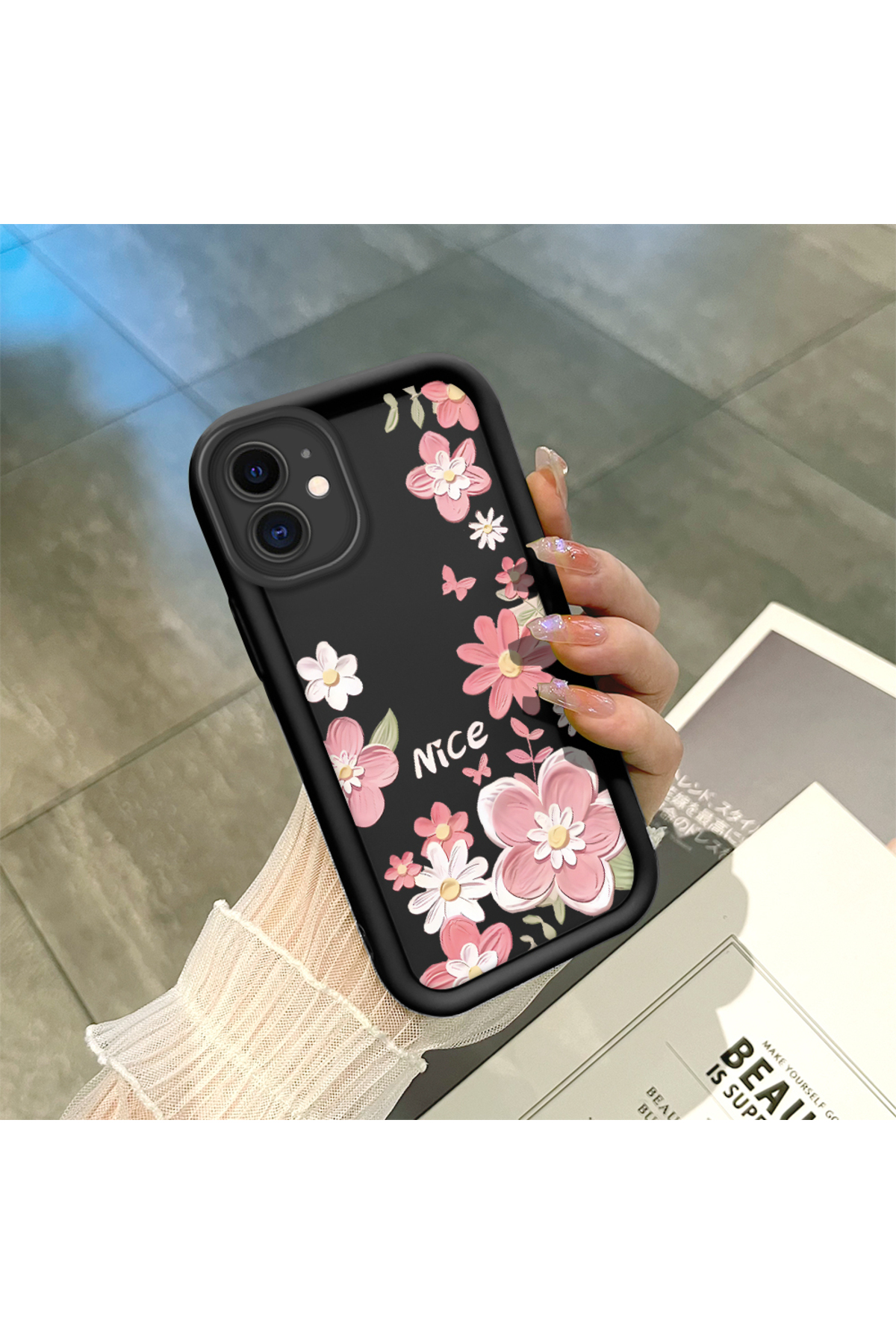 iPhone 11 compatible Black Silicone Lens Protection Shock Absorbing Flexible Case Floral Butterfly Pattern