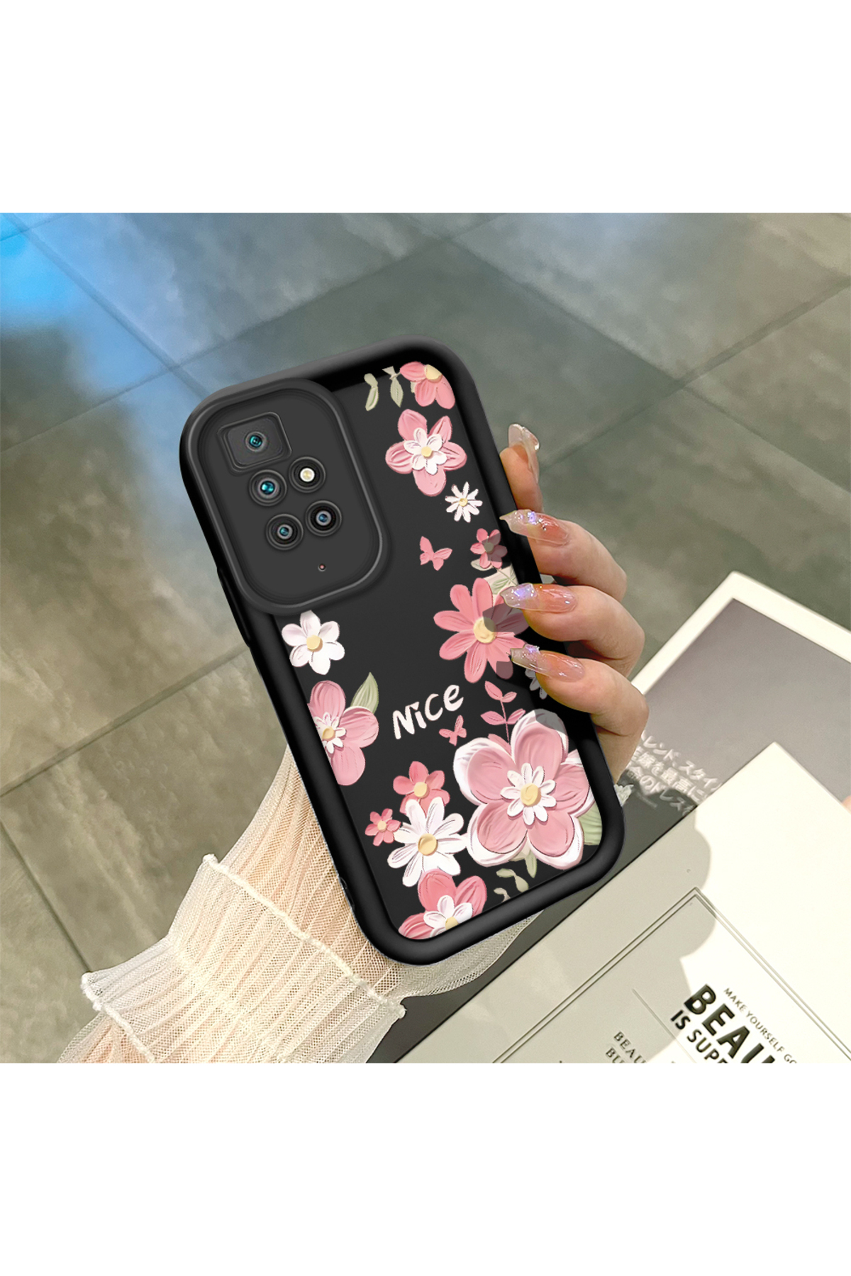 Xiaomi Redmi 10 2022 Compatible Black Silicone Lens Protection Shock Absorbing Flexible Case Floral Butterfly Pattern